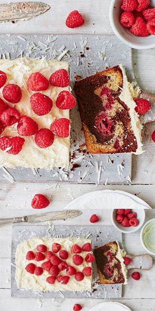 Raspberry and double chocolate marble cake