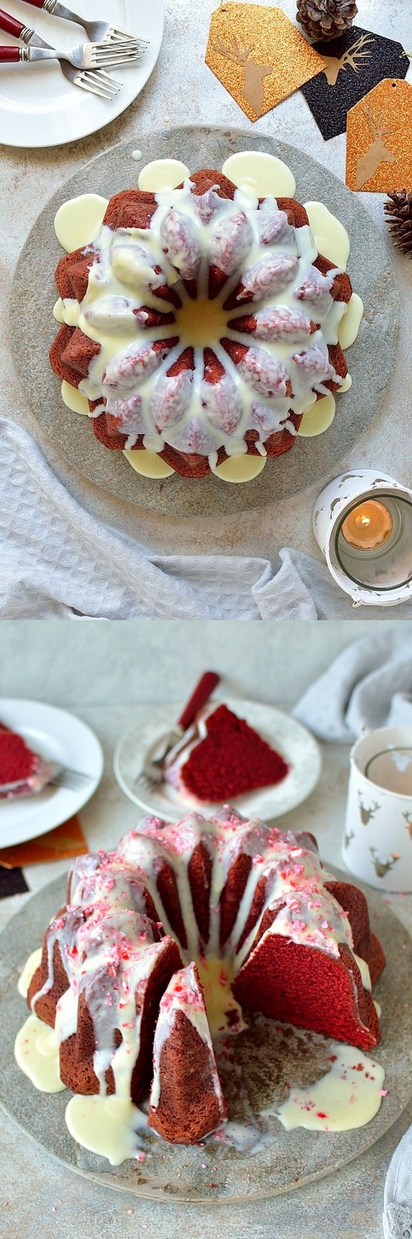 Red Velvet Bundt Cake With White Chocolate Peppermint Cream Cheese Glaze