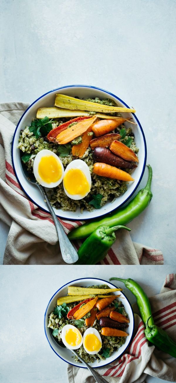 Rice Bowl with Green Pepper Sauce, Roasted Carrots & Eggs