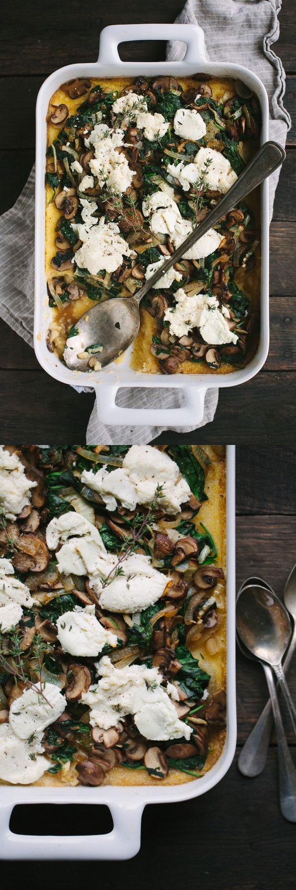 Ricotta Goat Cheese Polenta Bake with Mushrooms, Greens, and Caramelized Onions