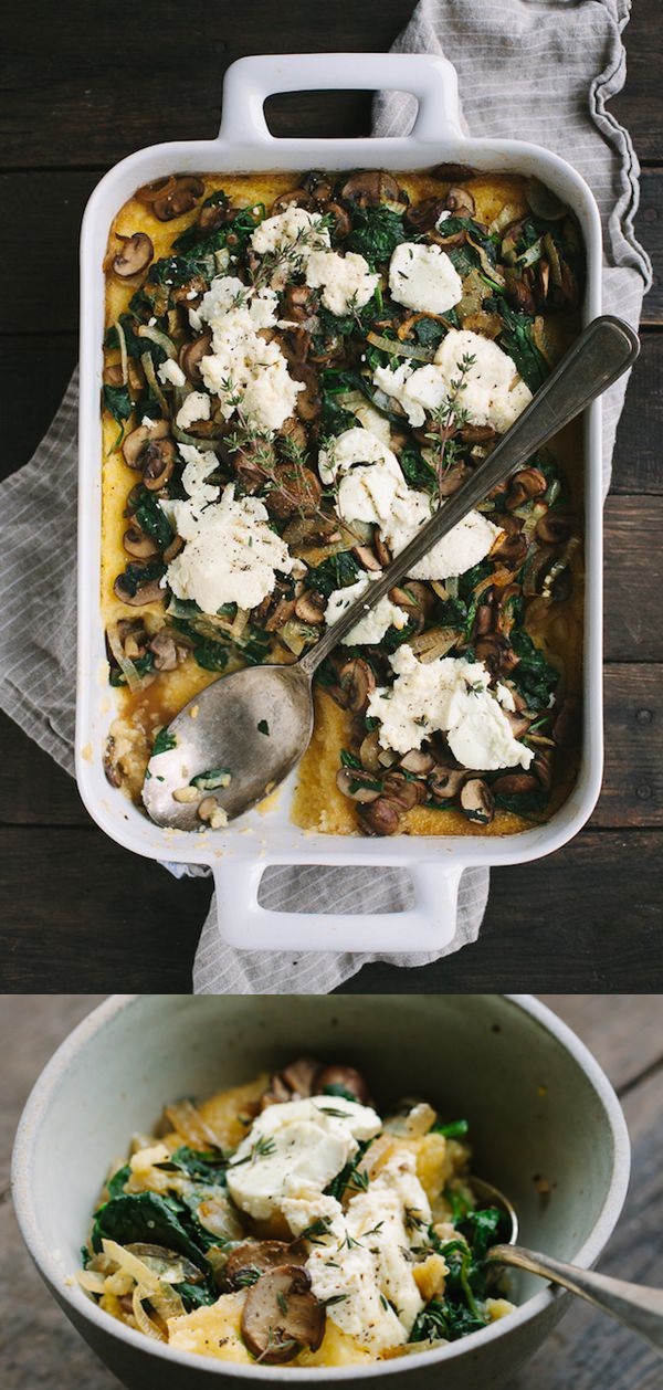 Ricotta Goat Cheese Polenta with Mushrooms, Spinach and Caramelized Onions