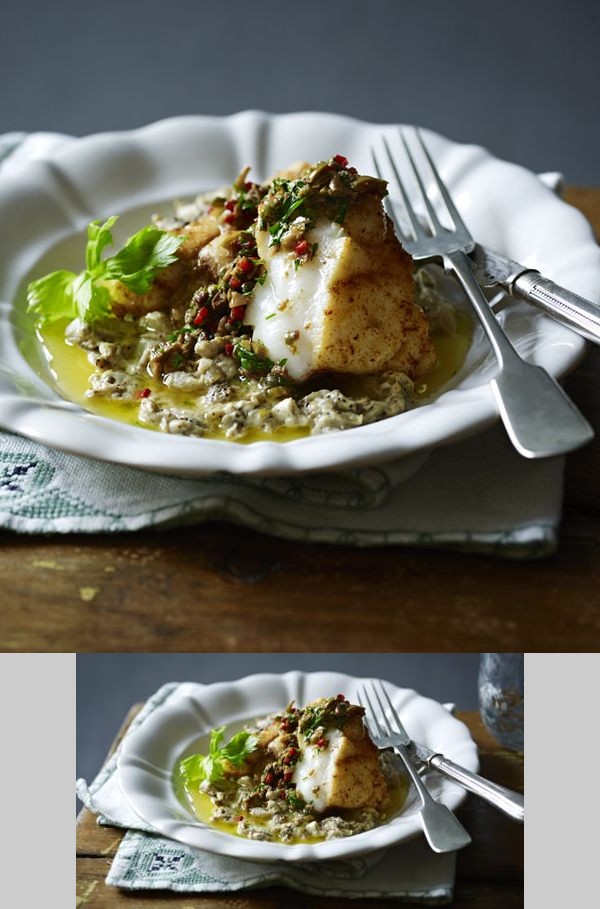 Roast monkfish with cumin and coriander spice and a baked aubergine purée