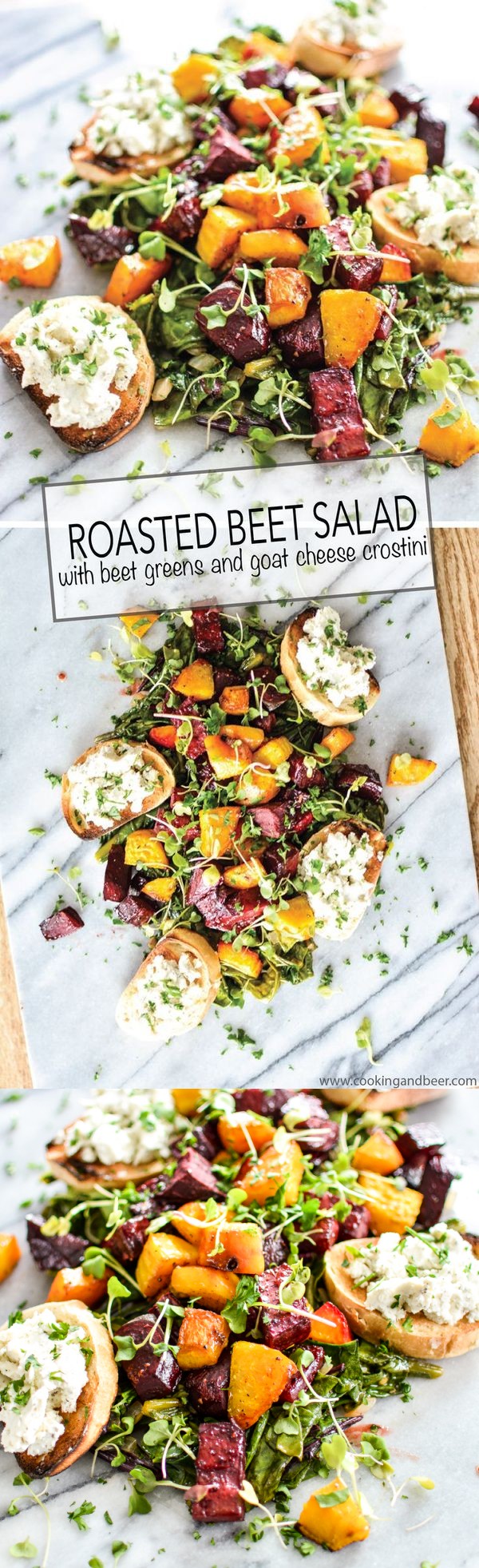 Roasted Beets and Beet Greens with Goat Cheese Crostini