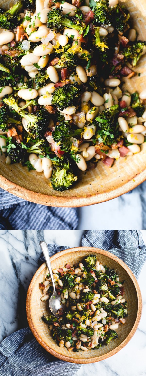 Roasted Broccoli and Lemony White Beans with Bacon