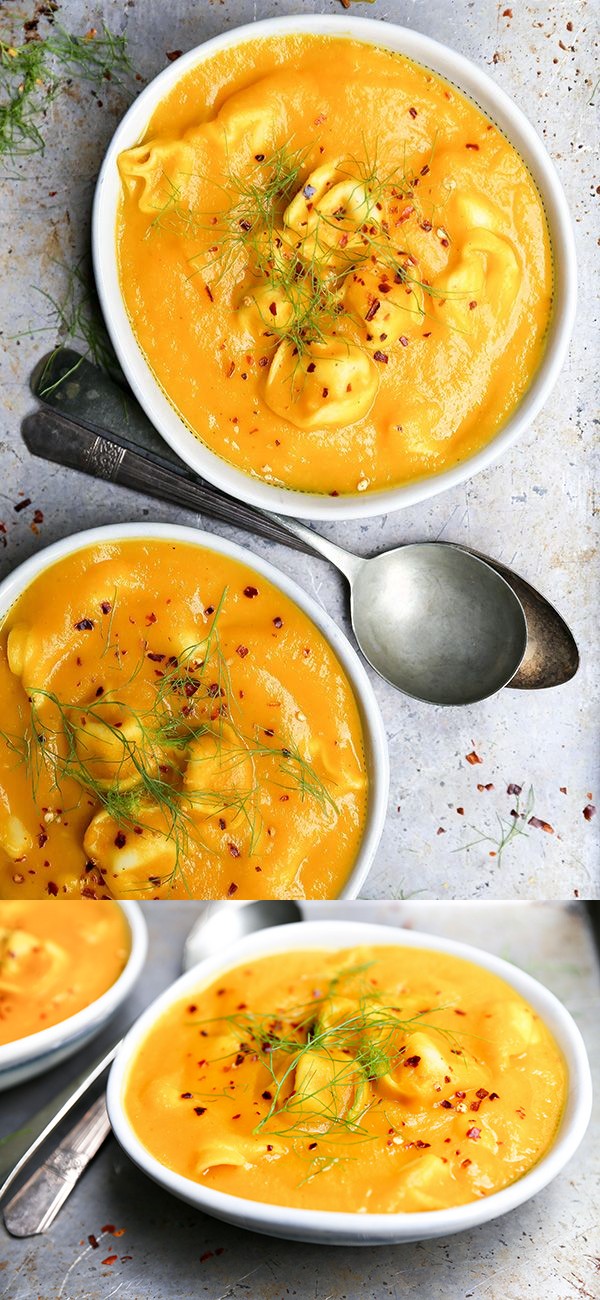 Roasted Butternut Squash and Fennel Soup with Cheese Tortellini