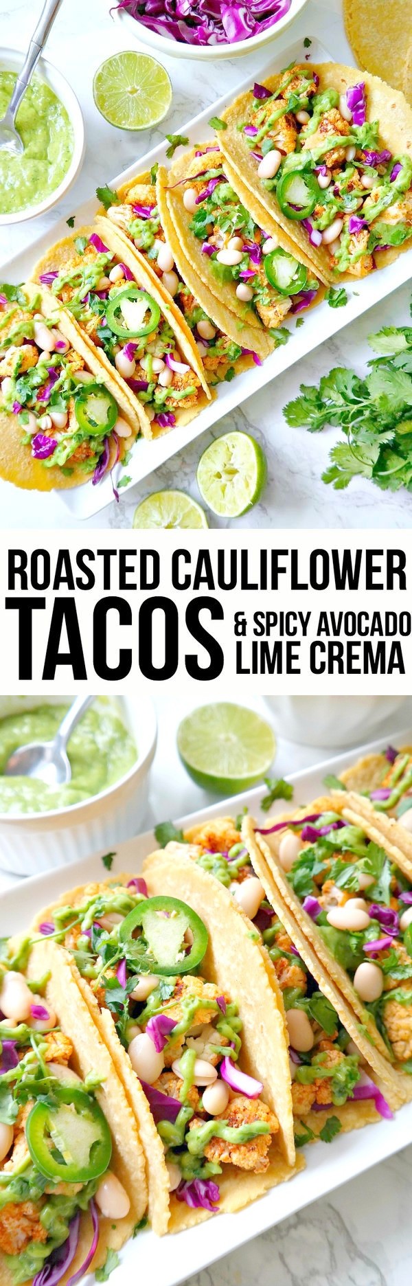 Roasted Cauliflower Tacos with Avocado Lime Crema