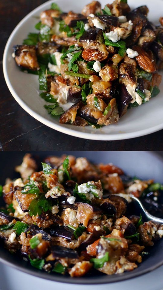 Roasted Eggplant Salad with Smoked Almonds & Goat Cheese