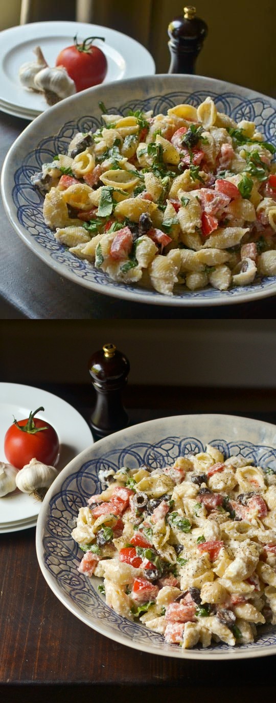 Roasted Garlic, Olive and Tomato Pasta Salad