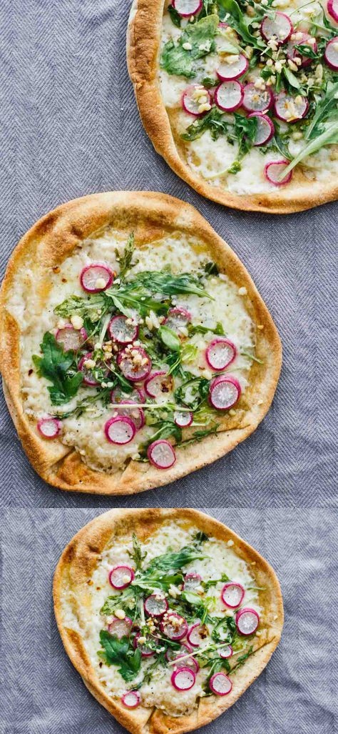 Roasted Radish, Arugula, & Havarti Pita Bread Pizzas