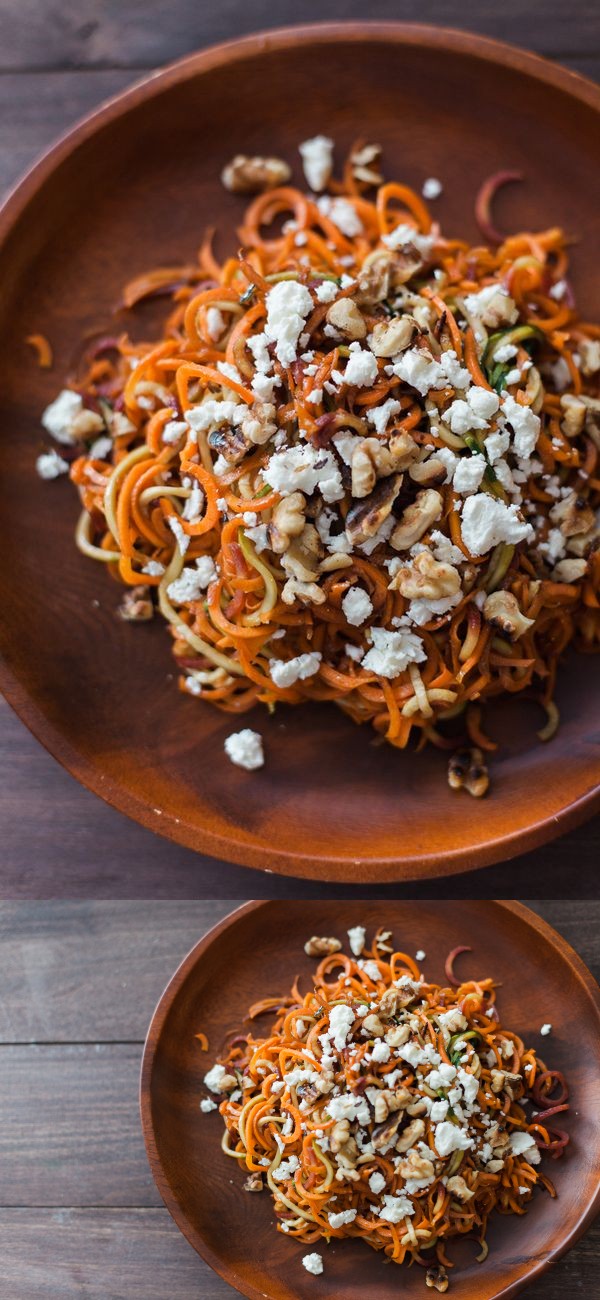 Roasted Spiralized Carrot, Feta and Toasted Walnut Salad