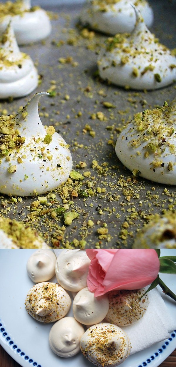 Rose Infused Meringue Cookies with Pistachio Dust