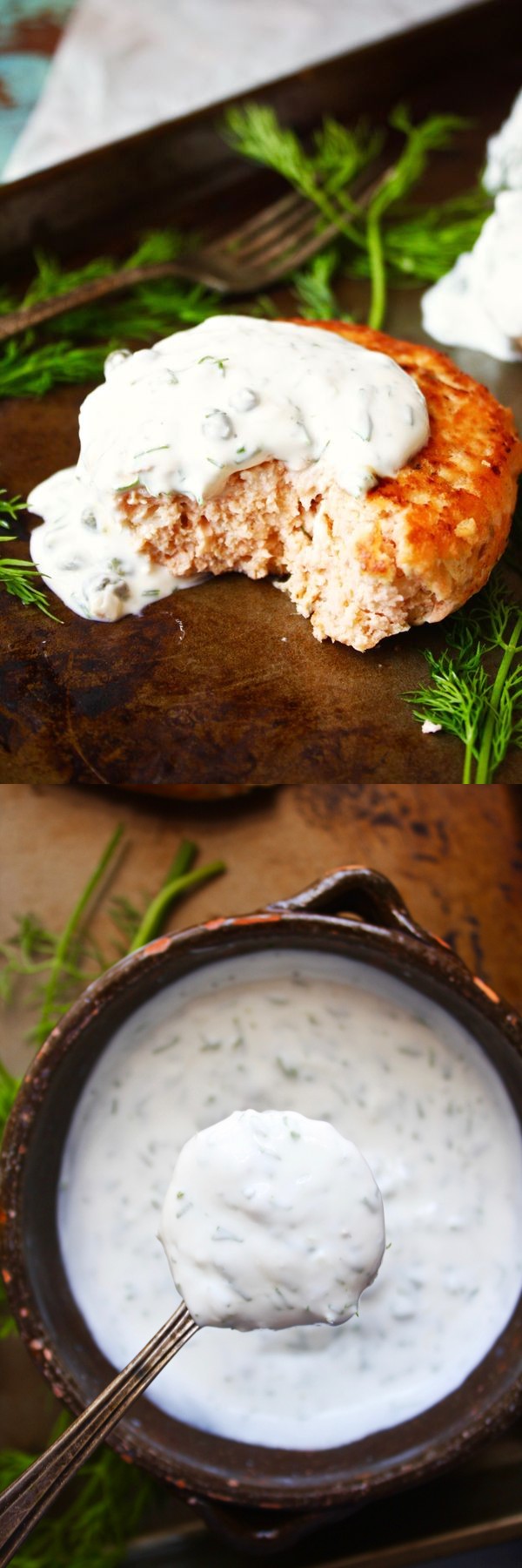 Salmon Burgers with Dill Caper Yogurt sauce