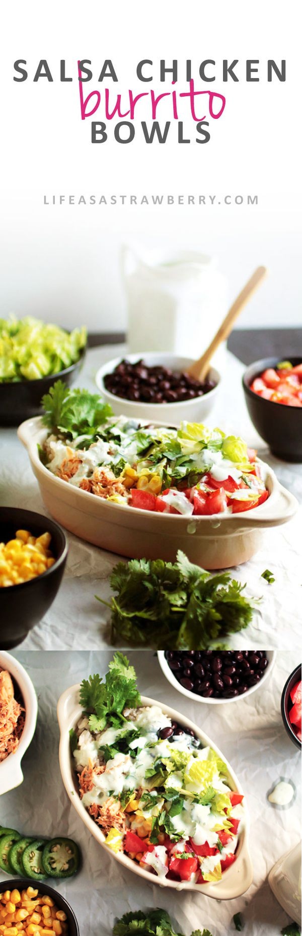 Salsa Chicken Burrito Bowls with Greek Yogurt Lime Crema