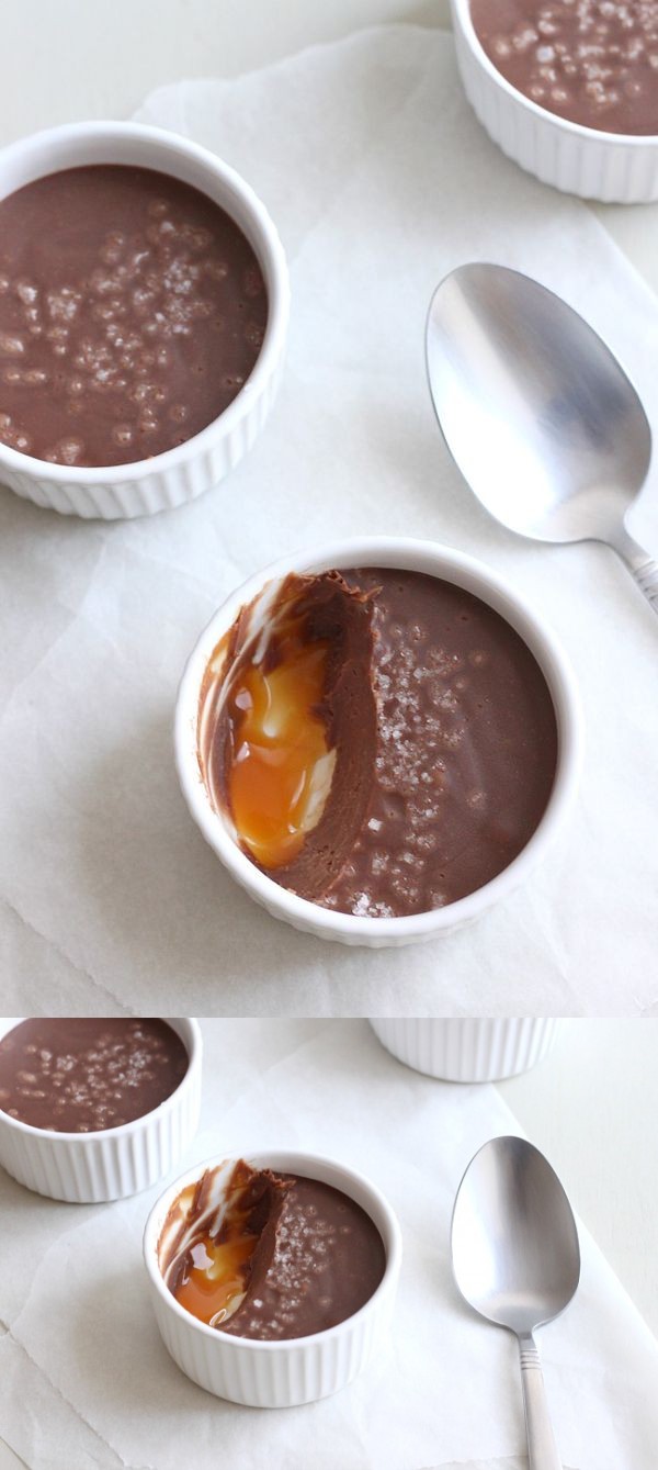 Salted chocolate pots with caramel sauce