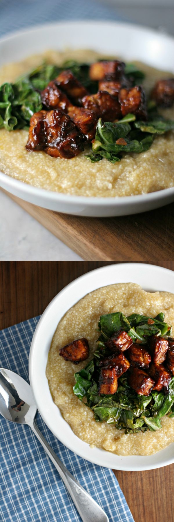 Savory grits with bbq tempeh and collard greens