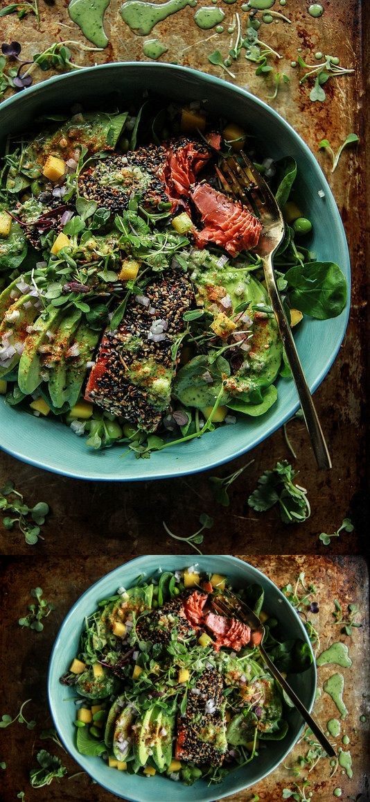 Seared Salmon and Avocado Salad with Ginger Vinaigrette