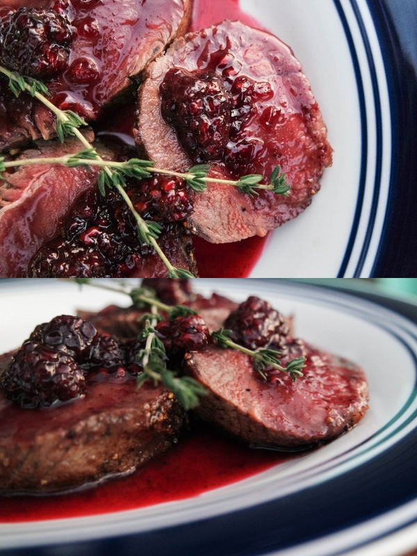 Seared venison backstrap with blackberry sauce