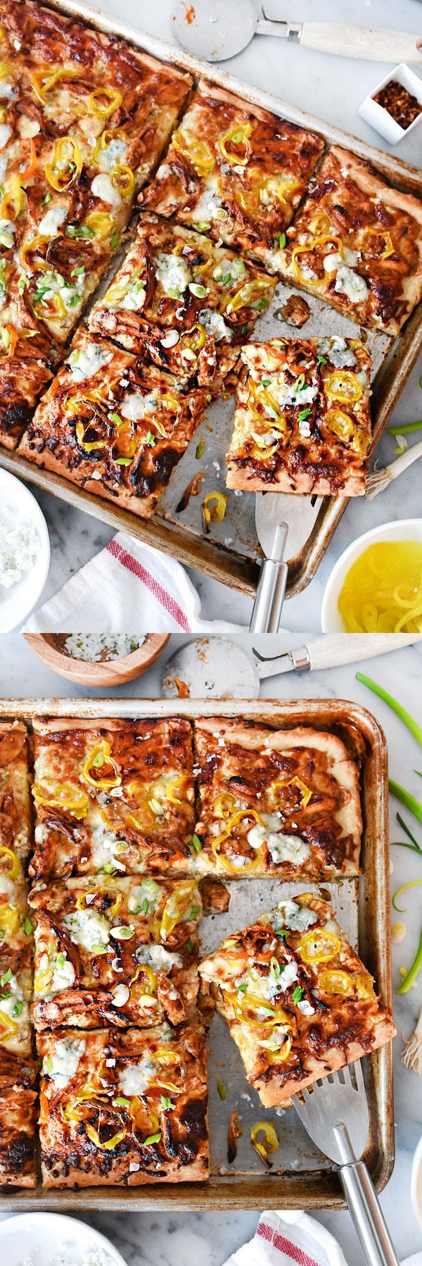 Sheet Pan BBQ Blue Cheese Chicken Pizza