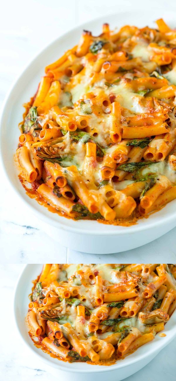 Simple Baked Ziti with Spinach, Artichokes and Pesto