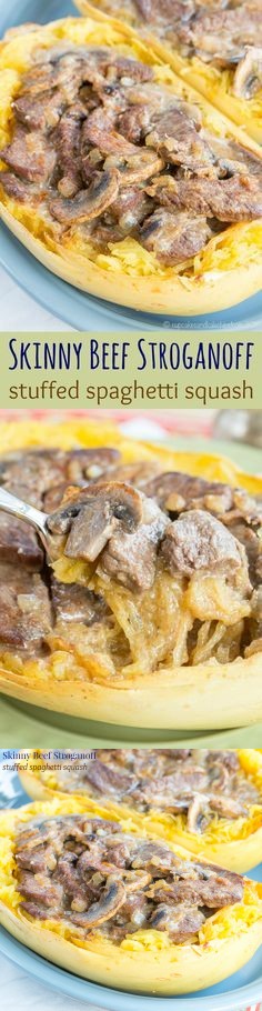 Skinny Beef Stroganoff Stuffed Spaghetti Squash for #SundaySupper