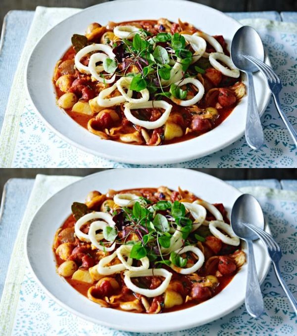 Slow-cooked squid and chorizo stew