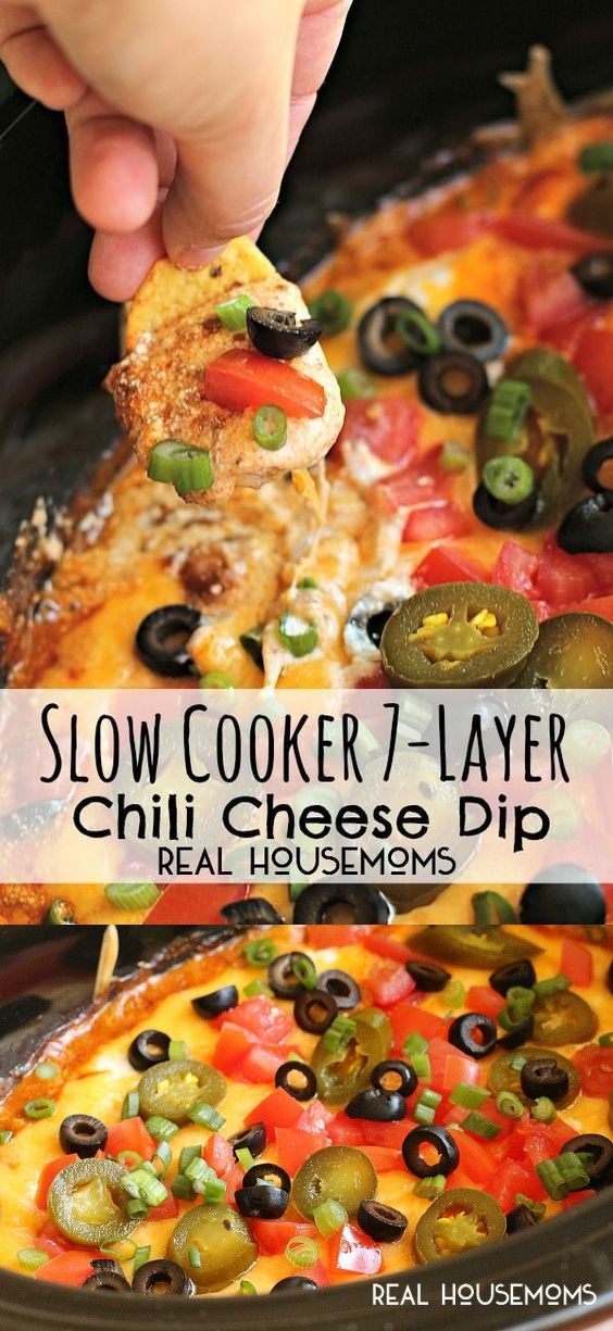 Slow Cooker 7-Layer Chili Cheese Dip