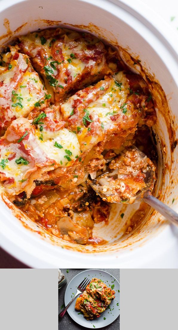 Slow Cooker Mushroom Roasted Red Pepper Lasagna