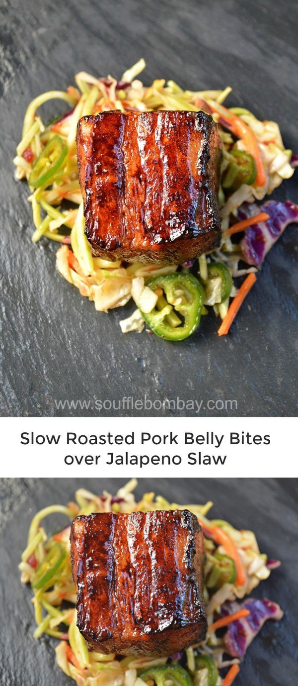 Slow Roasted Pork Belly Bites over Jalapeno Slaw