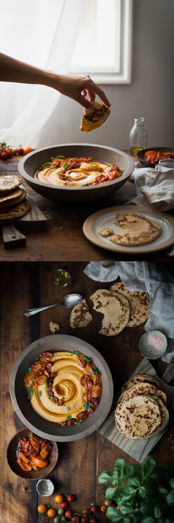 Slow-roasted Tomato & Basil Hummus + Quick Whole Wheat Yogurt Flatbreads