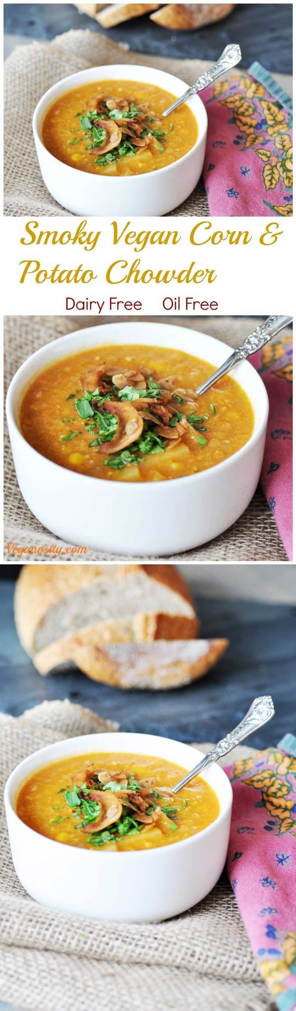 Smoky Vegan Corn and Potato Chowder (Dairy Free and Oil Free