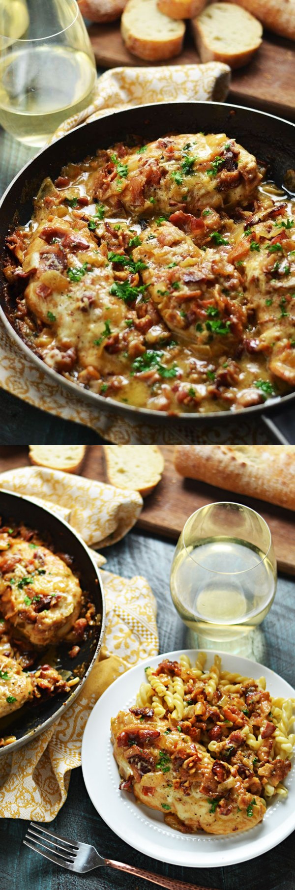 Smothered Bacon Asiago Wine Chicken