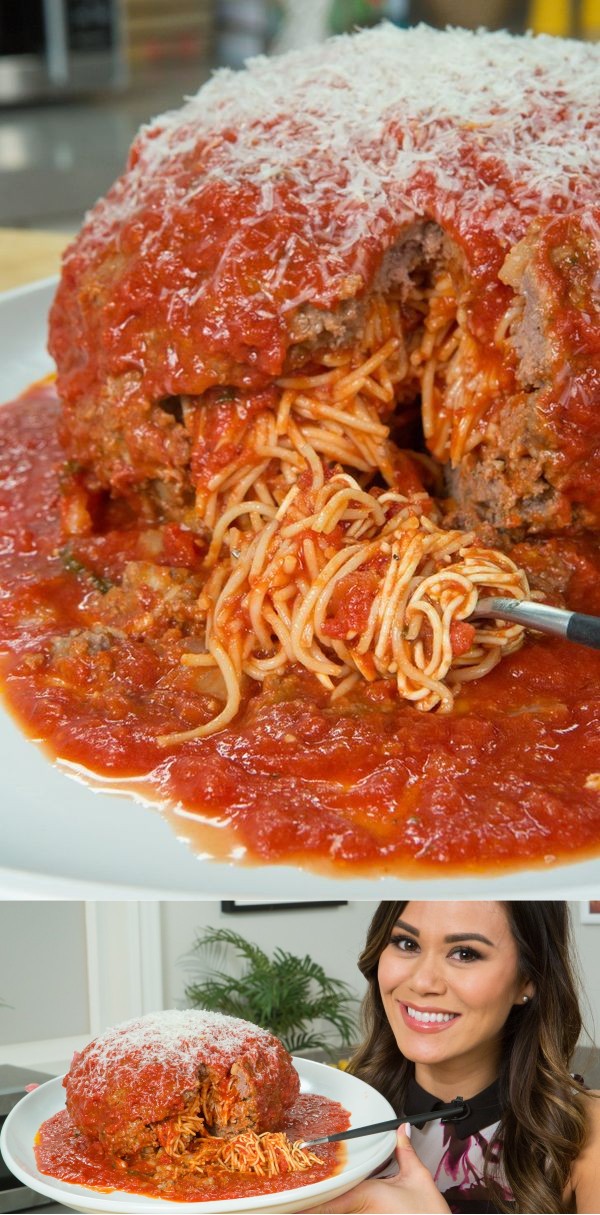 Spaghetti-Stuffed Giant Meatball