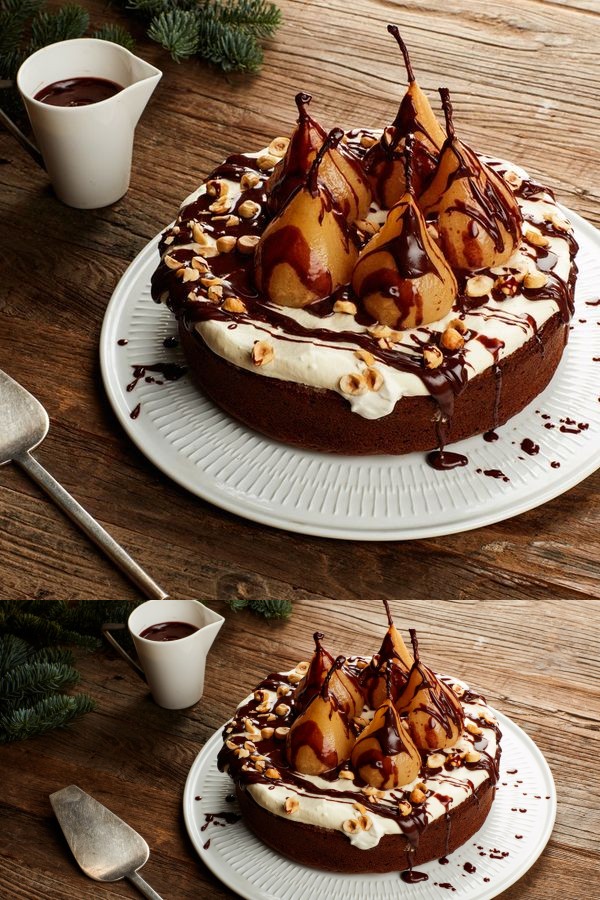 Spiced Hazelnut-Pear Cake With Chocolate Sauce