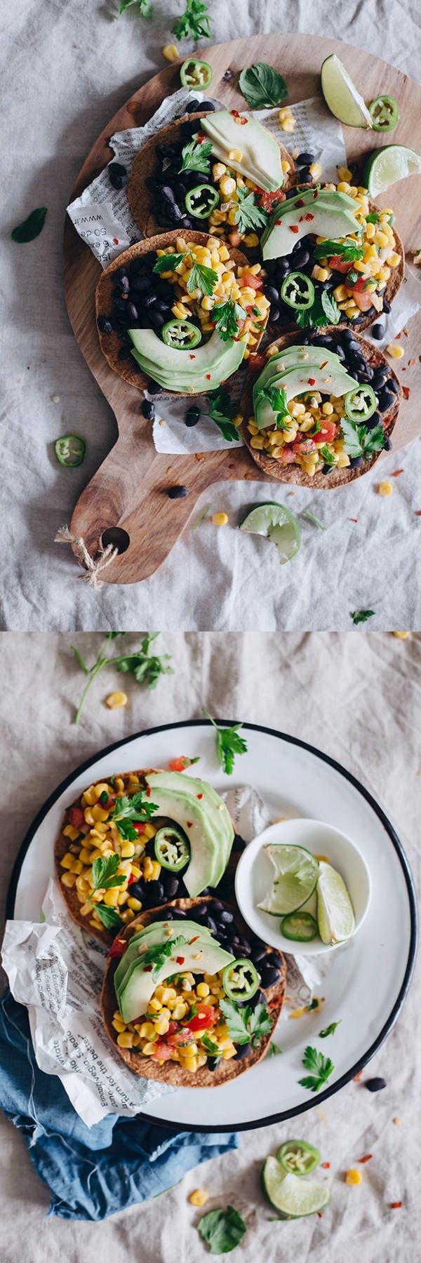 Spicy Black Bean Tostadas with Corn Salsa and Avocado