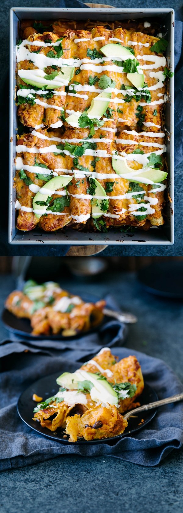 Spicy Butternut Squash Black Bean Enchiladas with Chipotle Greek Yogurt Sauce