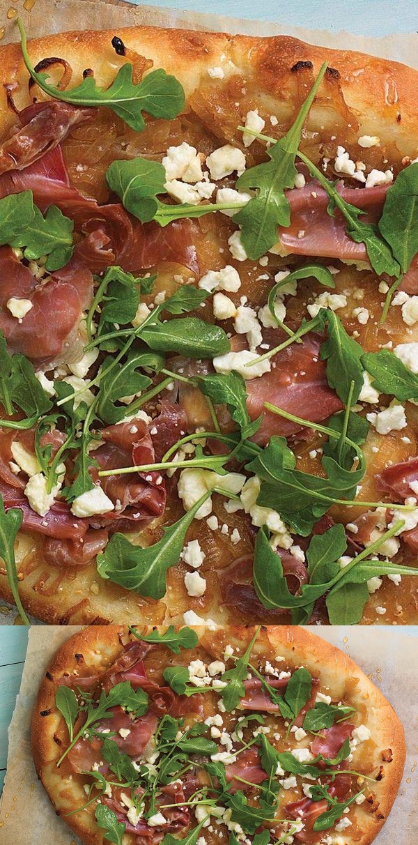 Spicy Honey Caramelized Onion Pizza with Prosciutto, Feta, and Arugula