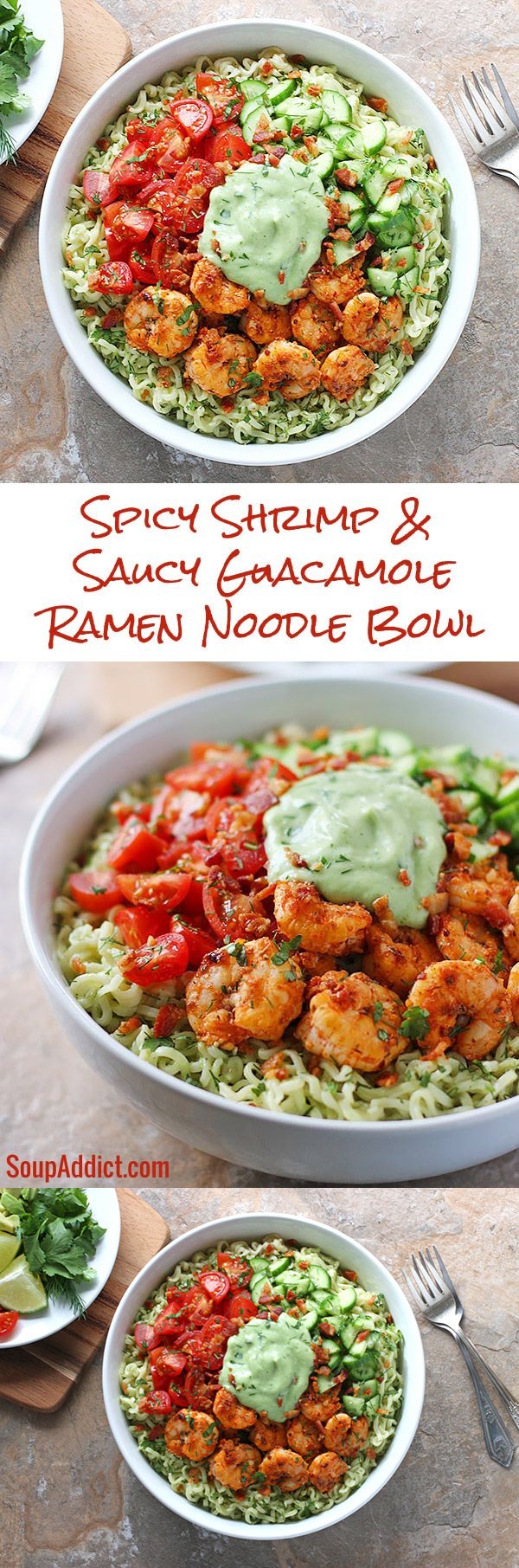 Spicy Shrimp and Saucy Guacamole Ramen Noodle Bowl