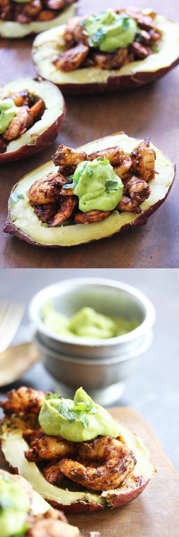 Spicy Shrimp Sweet Potato Boats with Avocado Crema