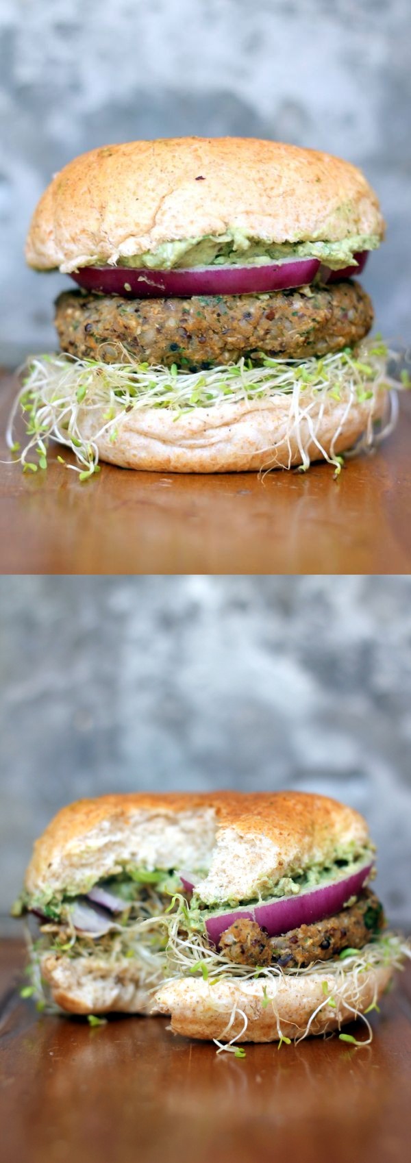 Spicy Sweet Potato Black Bean Burgers with avocado-cilantro crema + sprouts