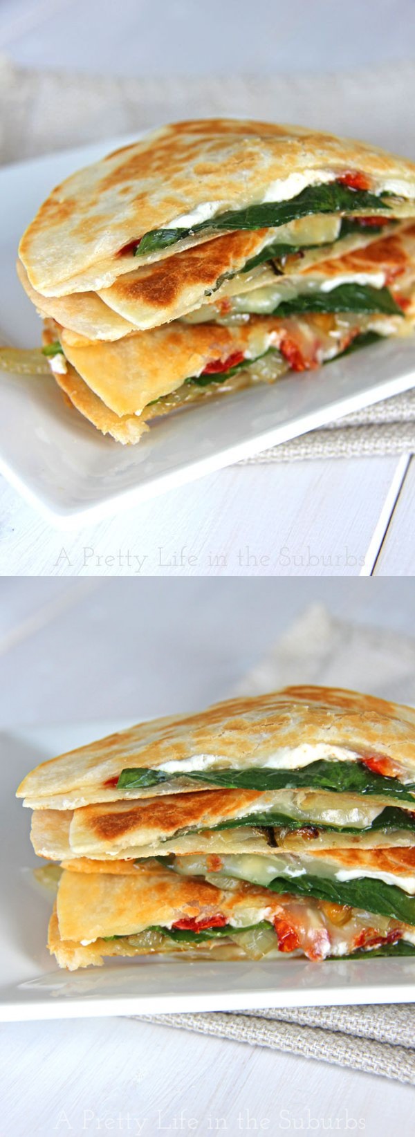 Spinach & Goat Cheese Quesadillas with Caramelized Onions and Sundried Tomatoes