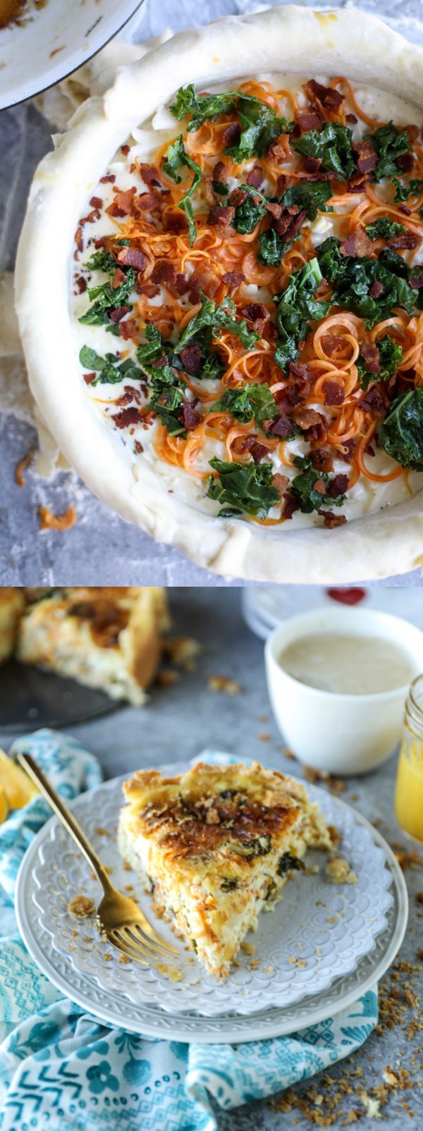 Spiralized Sweet Potato, Kale and Bacon Quiche