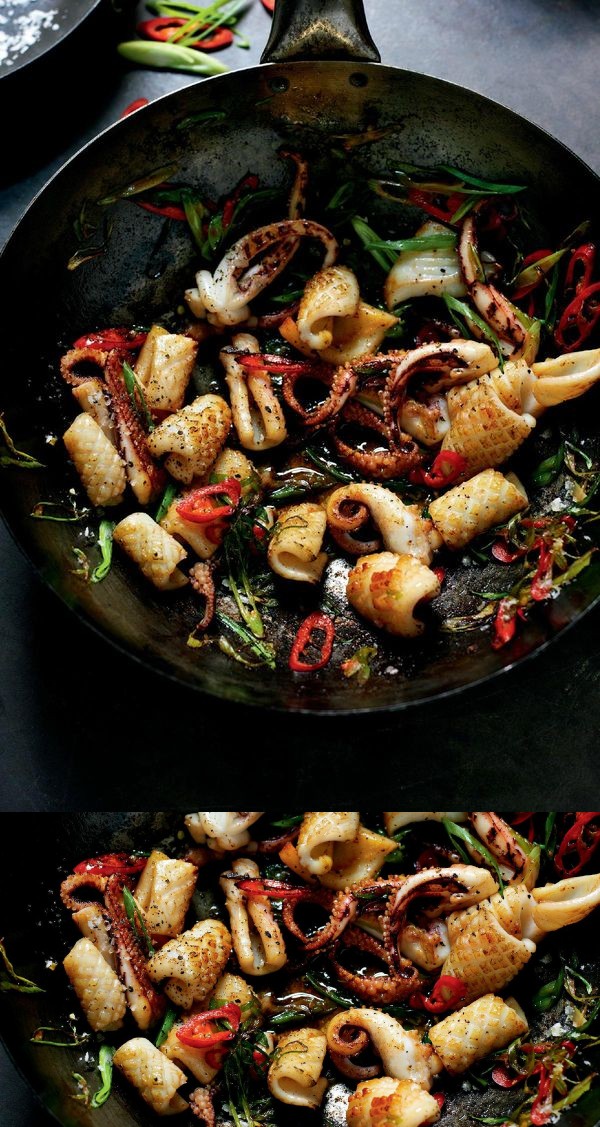 Stir-fried Salt and Pepper Squid with Red Chilli and Spring Onion