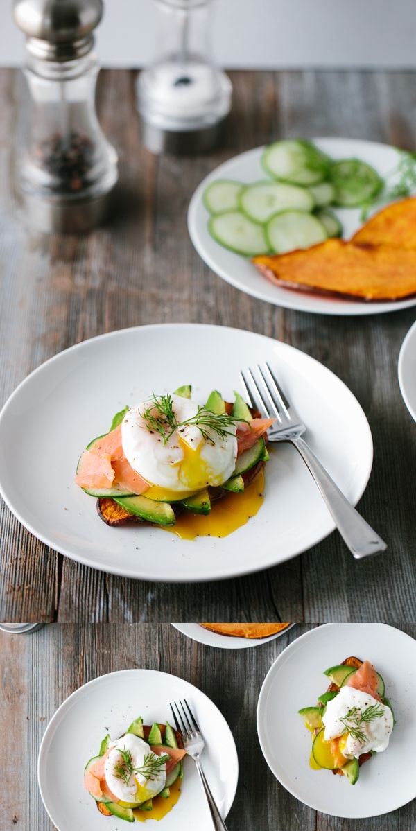 Sweet Potato “Toast” with Avocado, Cucumber, Smoked Salmon + Poached Egg