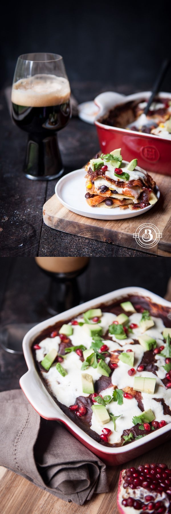 Sweet Potato Enchiladas with Chipotle Stout Pomegranate Sauce