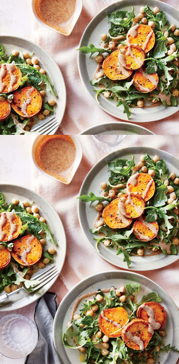 Sweet Potato Medallions with Almond Sauce and Chickpea Salad