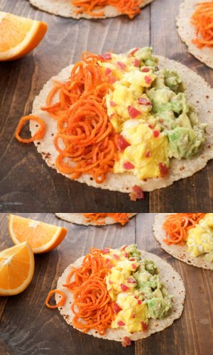 Sweet Potato Noodle & Egg Tacos with Citrus Guac [from Superfood Weeknight Meals]
