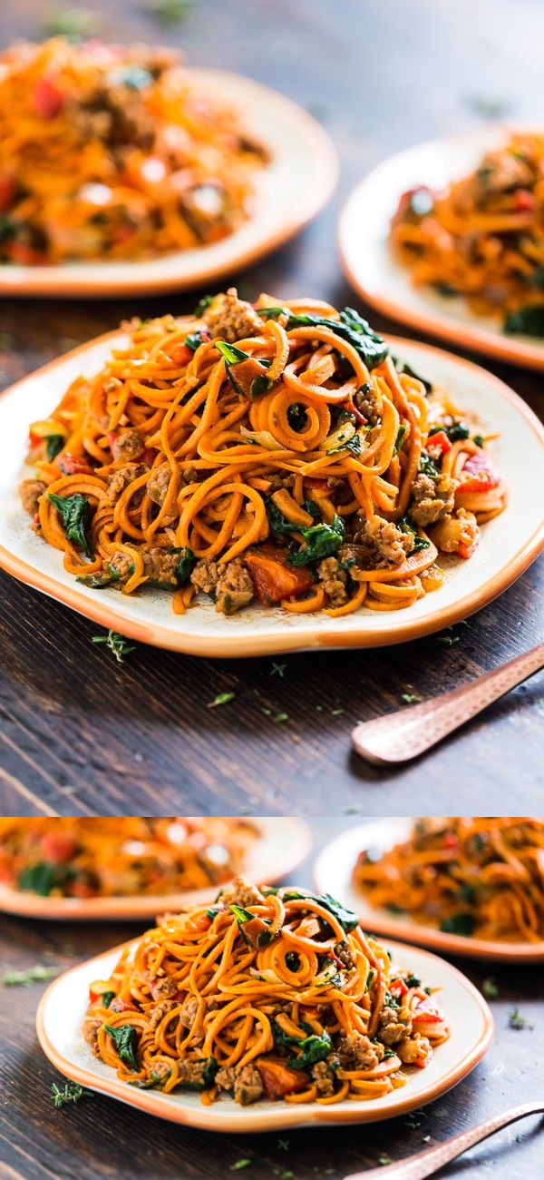 Sweet Potato Noodles with Chorizo, Roasted Red Pepper, and Spinach