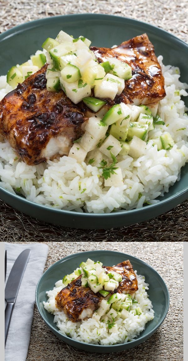 Tamarind-Glazed Cod with Lime Rice & Cucumber Relish