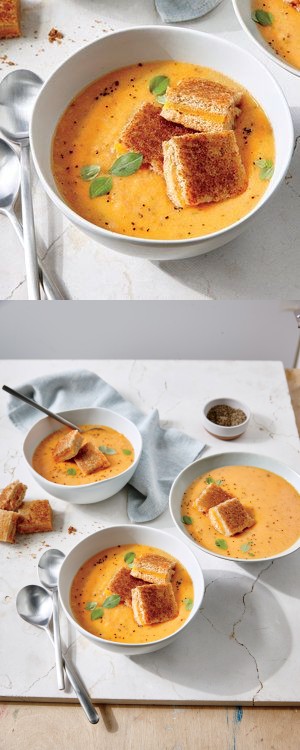 Tomato-Basil Soup with Grilled Cheese Croutons