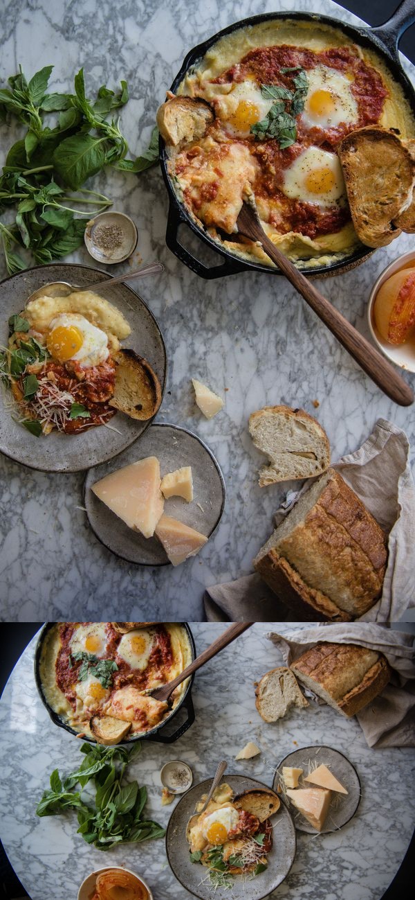 Tomato-braised eggs and creamy baked polenta